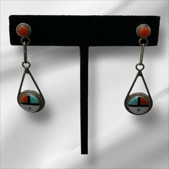 Vintage Zuni Sun Face Unsigned Dangle Sterling Earrings - Picture 4 of 5
